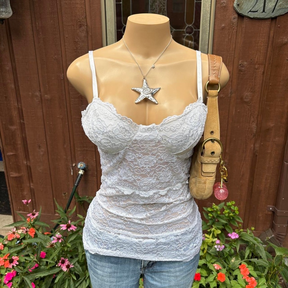 y2k 2000s white floral lace fitted cami tank top